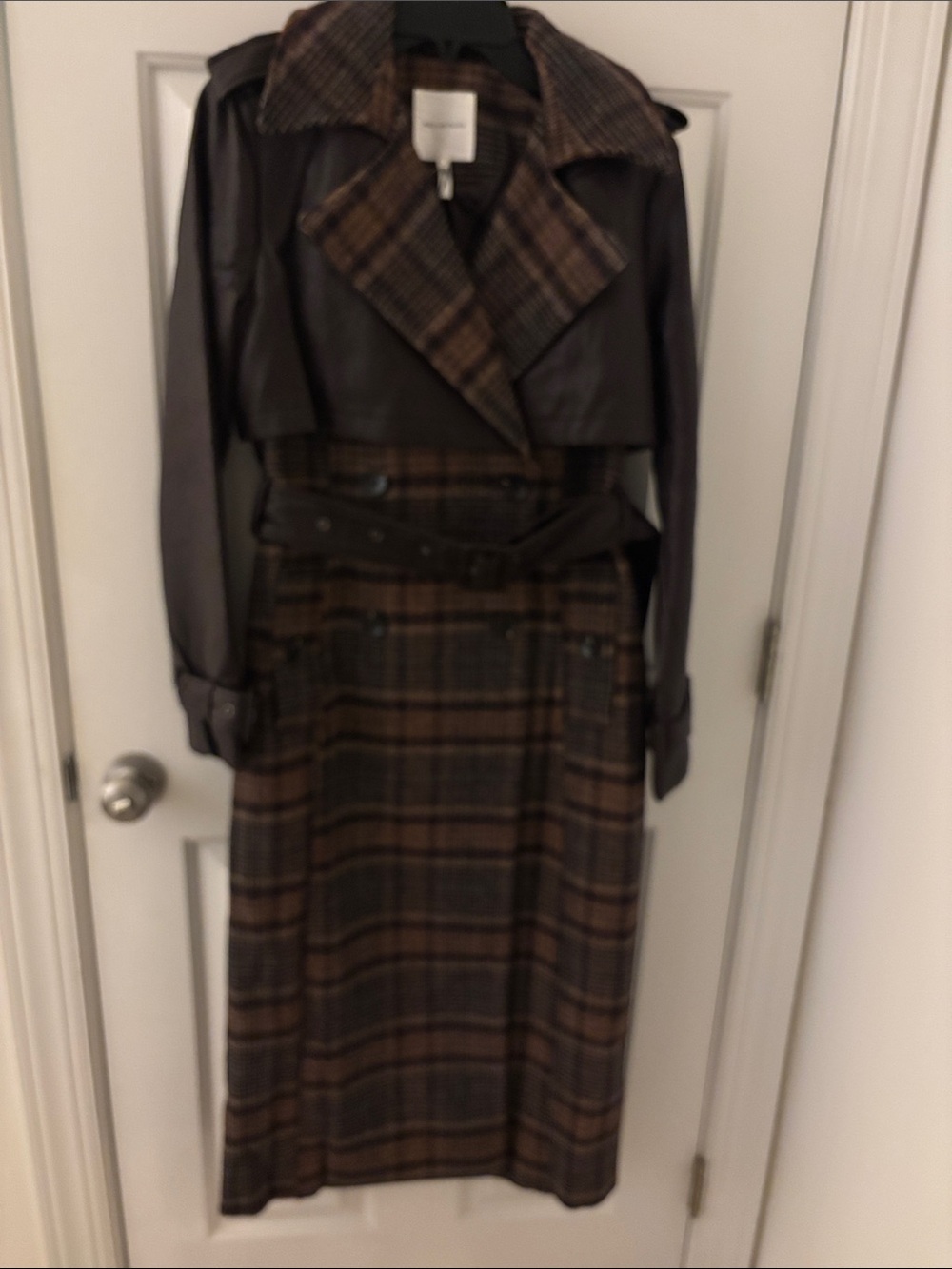 Avec Les Filles Brown Plaid Trench Coat with Faux Leather Sleeves